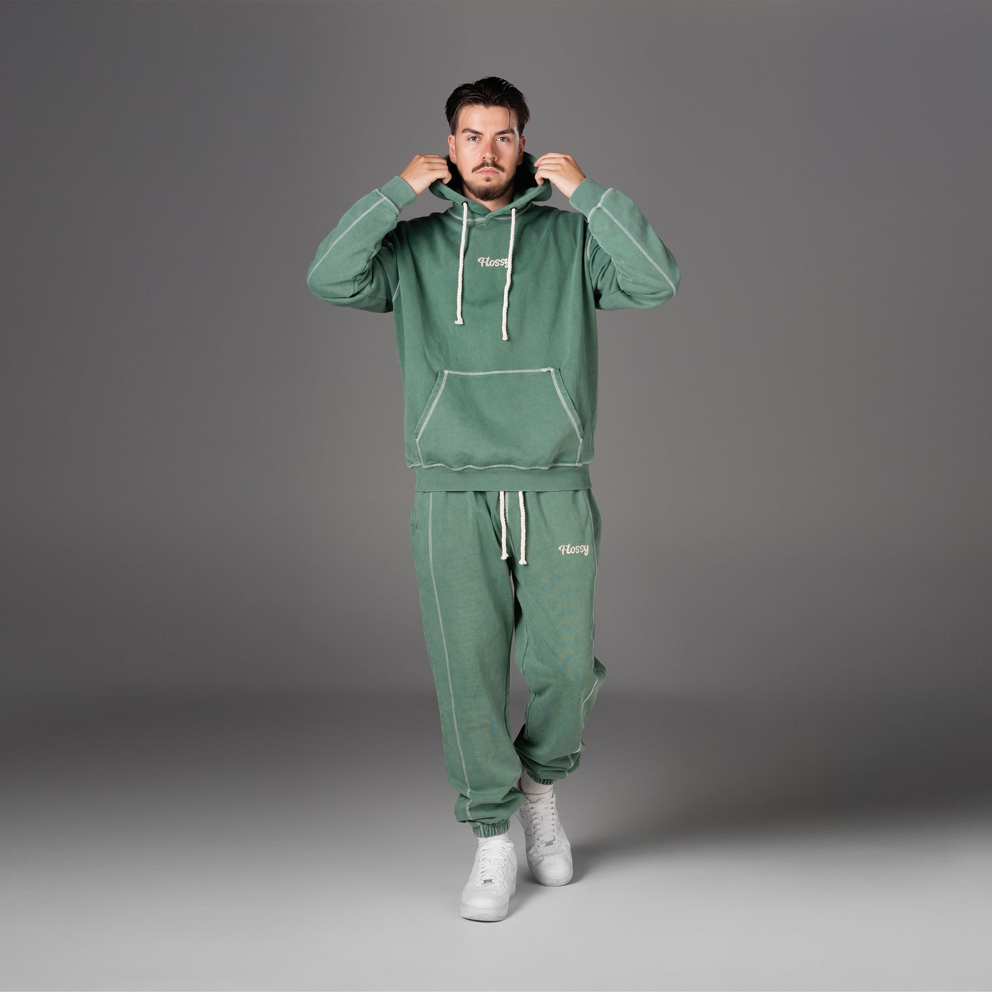 Flossy acid wash set in green, hoodie joggers embroidery, front view