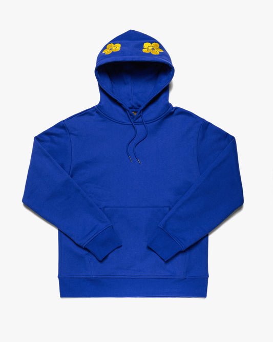 Blue minimalist hoodie with floral embroidery—two large and two small yellow flowers on the hood.