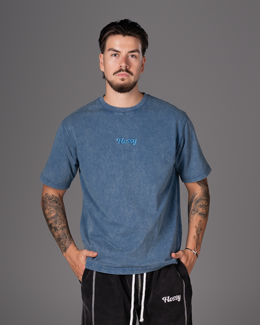 Flossy acid wash blue tee with tonal embroidered logo at chest, front view